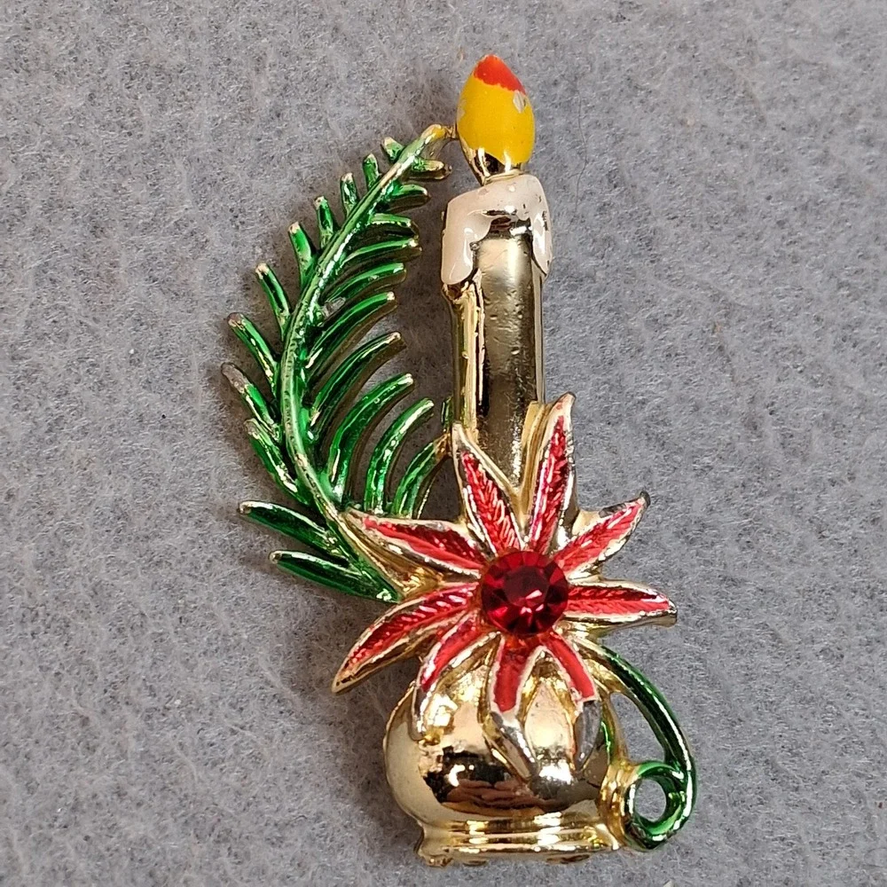 Vintage Christmas Candle Poinsettia Brooch Gold Tone Enamel Rhinestone Pin
